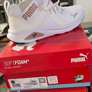 PUMA Kids White and Brown Sneakers